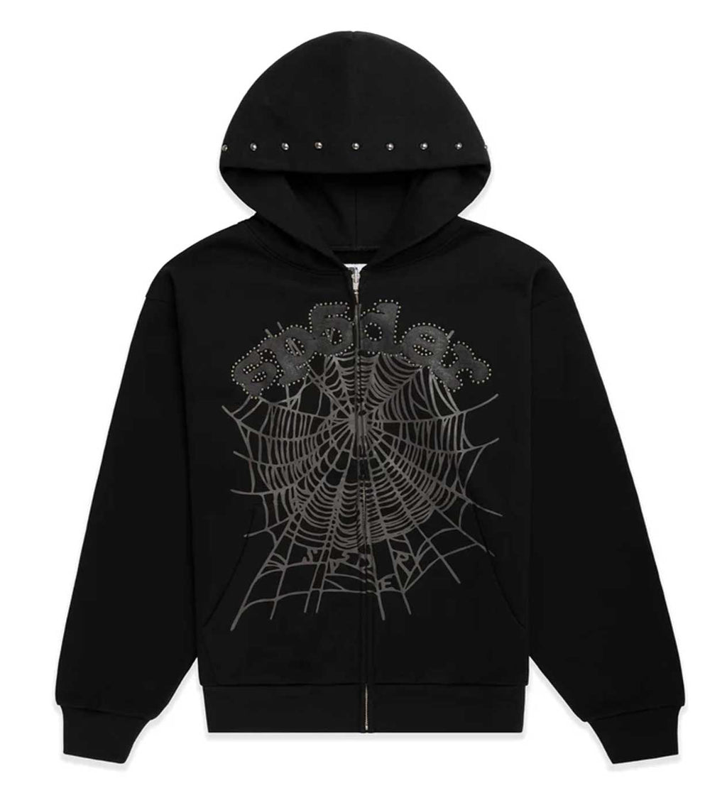 Sp5der OG Web Studded Zip Hoodie Black